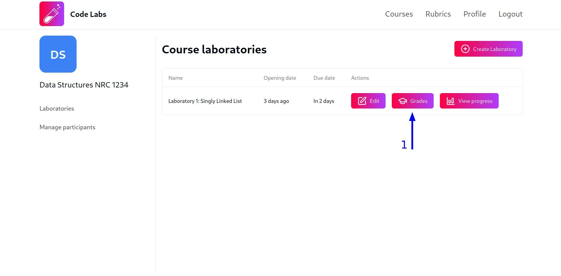 Captura de pantalla con una flecha señalando el botón para calificar un laboratorio