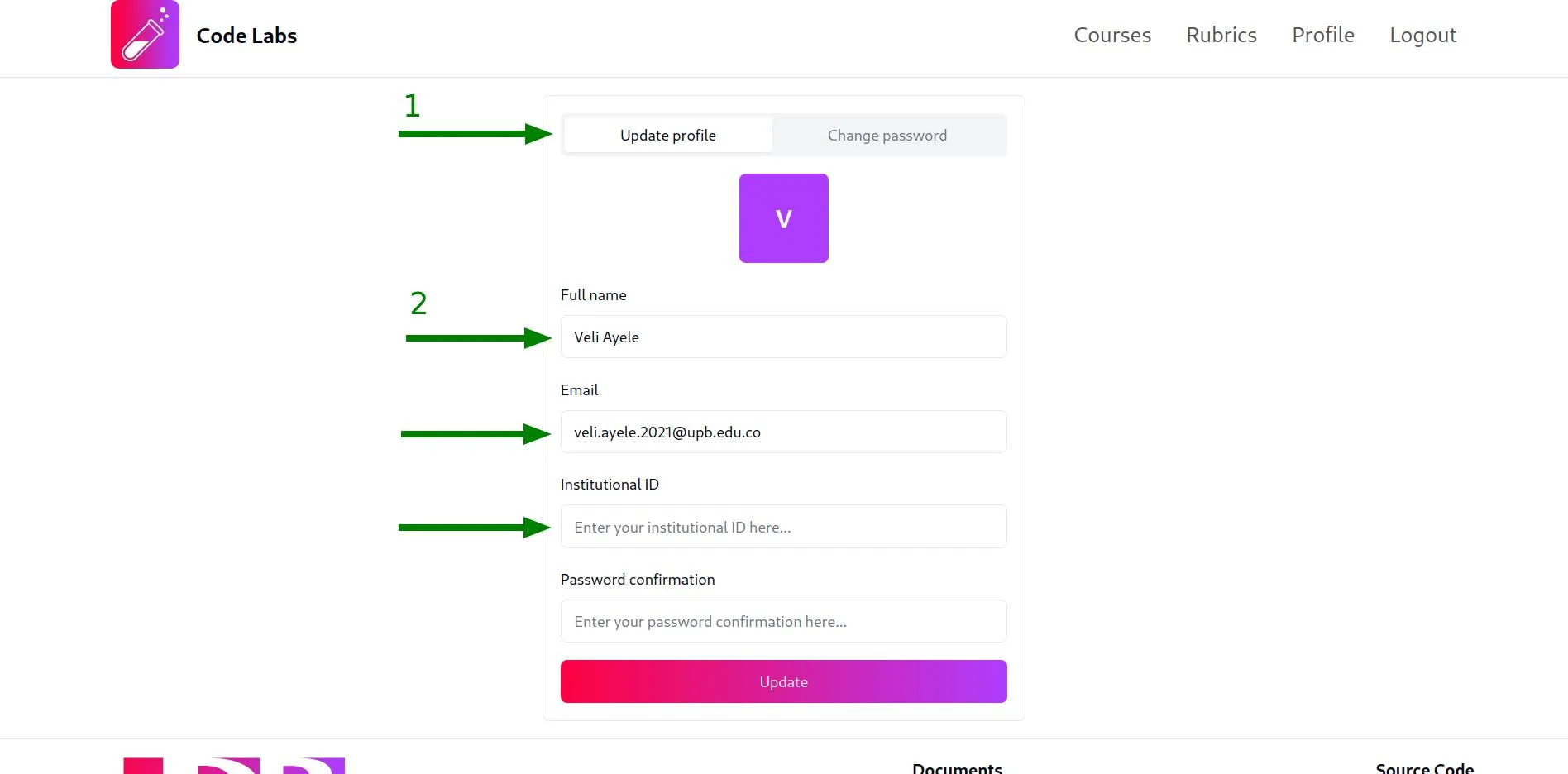 Captura de pantalla mostrando el formulario para actualizar la información del perfil de usuario