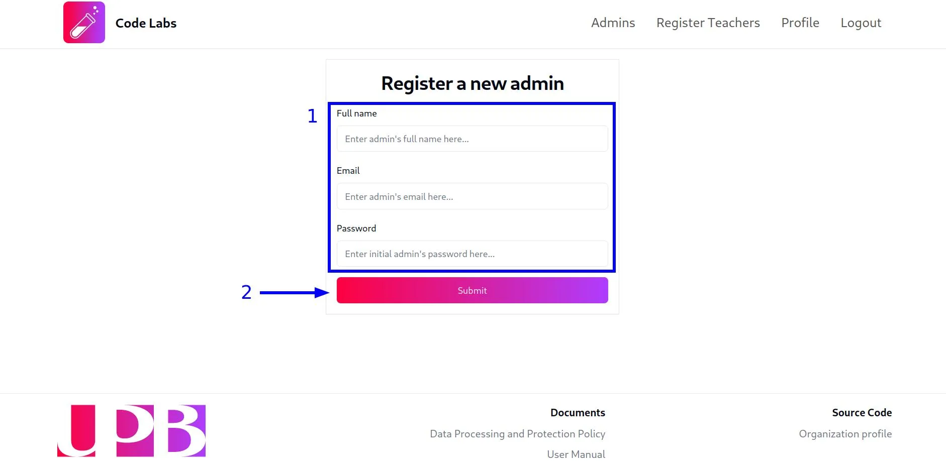 Captura de pantalla mostrando el formulario para registrar un nuevo administrador