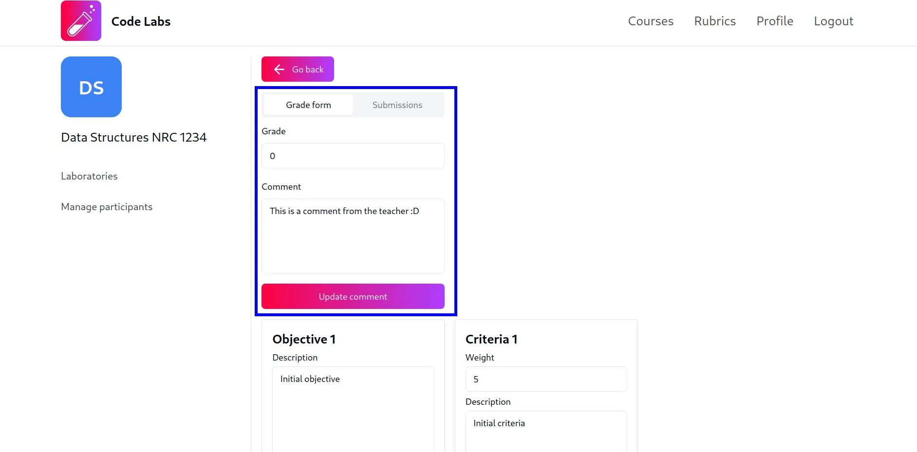 Captura de pantalla mostrando el formulario de calificación de un estudiante