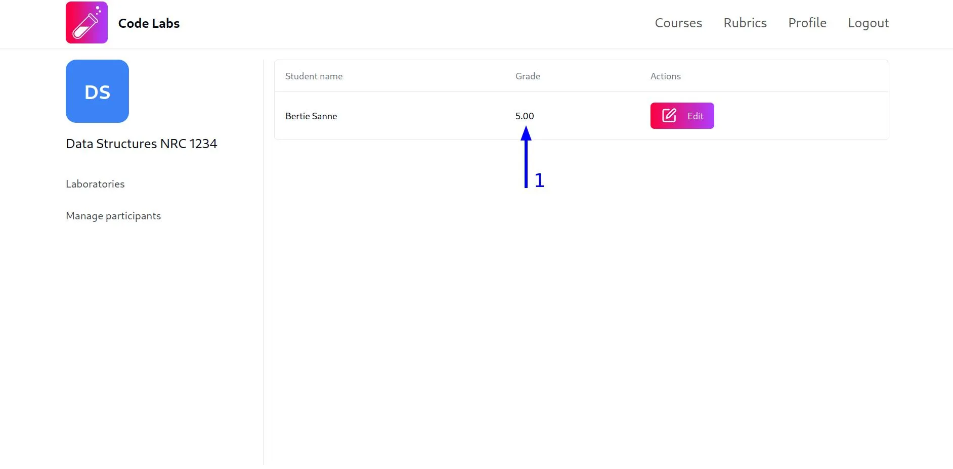 Captura de pantalla mostrando la tabla de calificaciones con la nota del estudiante actualizada